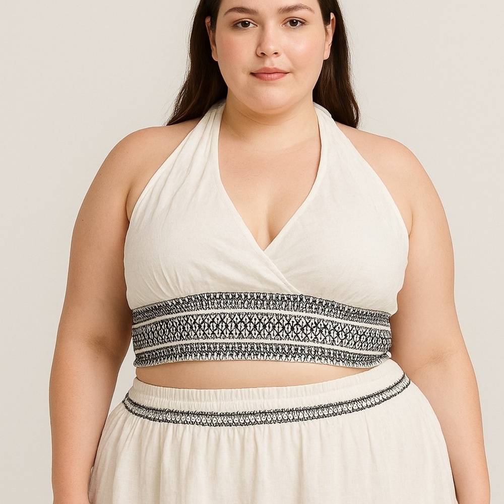 Forever 21 NWOT White Halter Crop Top with Black Pattern and Matching Skirt Set